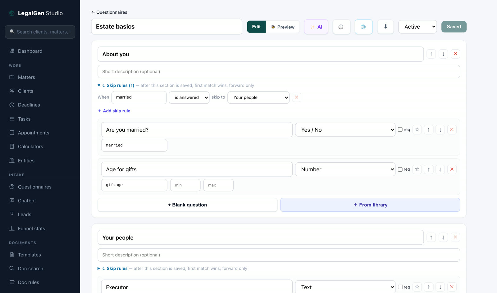 The questionnaire builder: sections, questions with field types, and skip rules, with an AI button that drafts questions from the firm's own templates.
