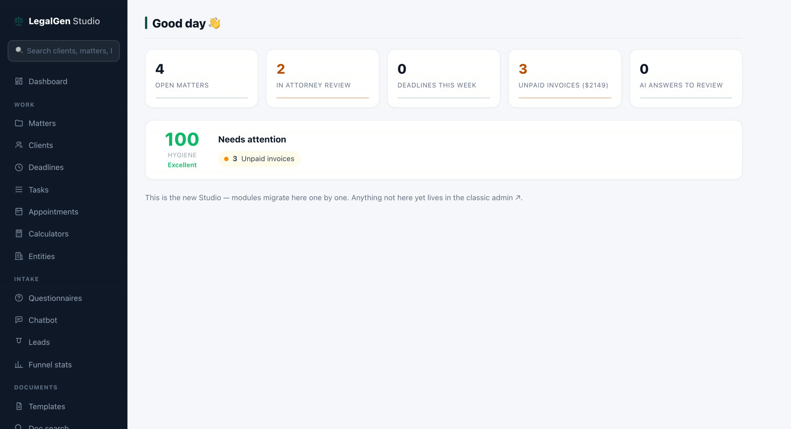 The Studio dashboard with counts of open matters, matters in attorney review, deadlines, unpaid invoices and AI answers awaiting review.