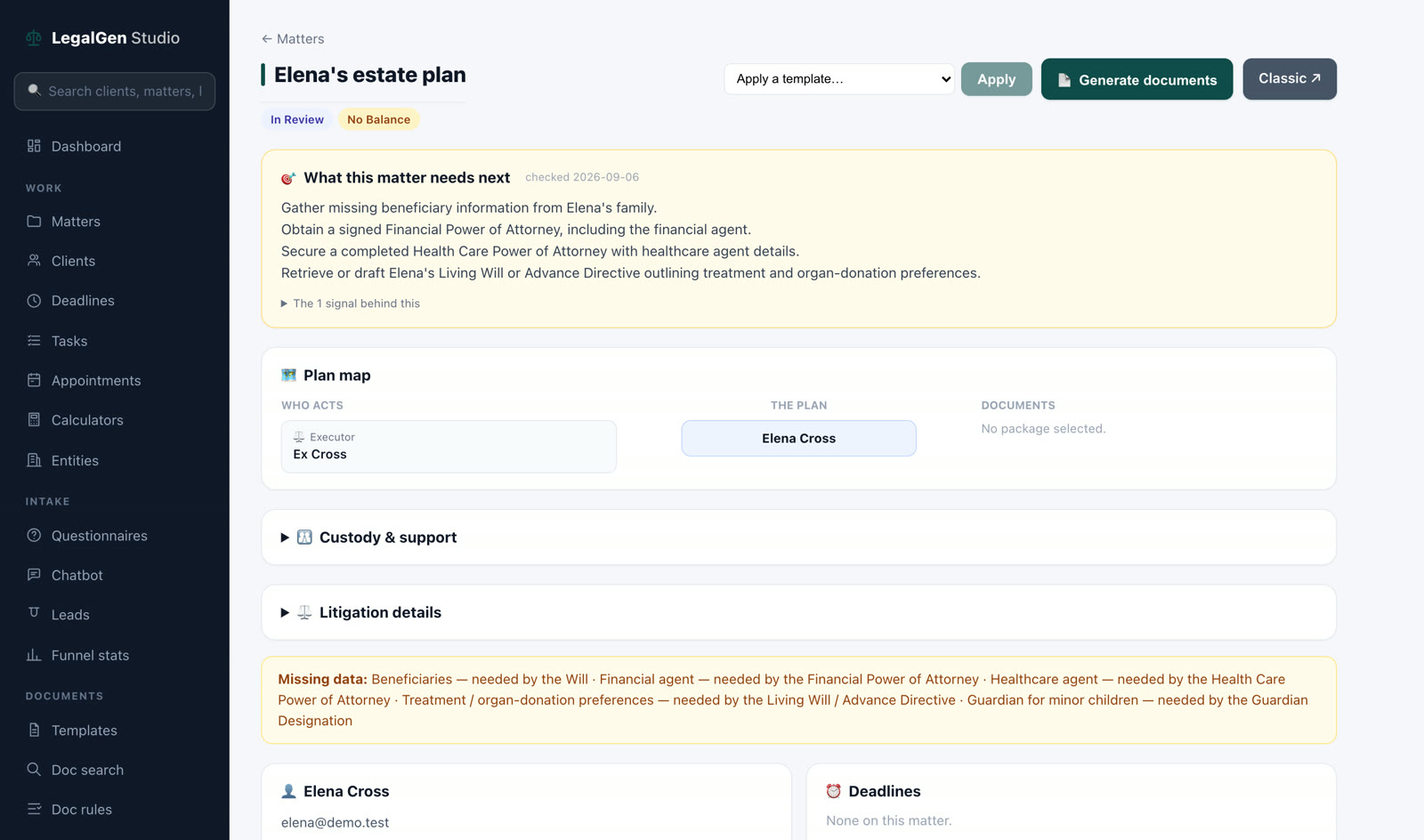 A matter page in the Studio: the AI's suggested next steps sit at the top, labelled for attorney review, above the plan map and missing-data warnings.
